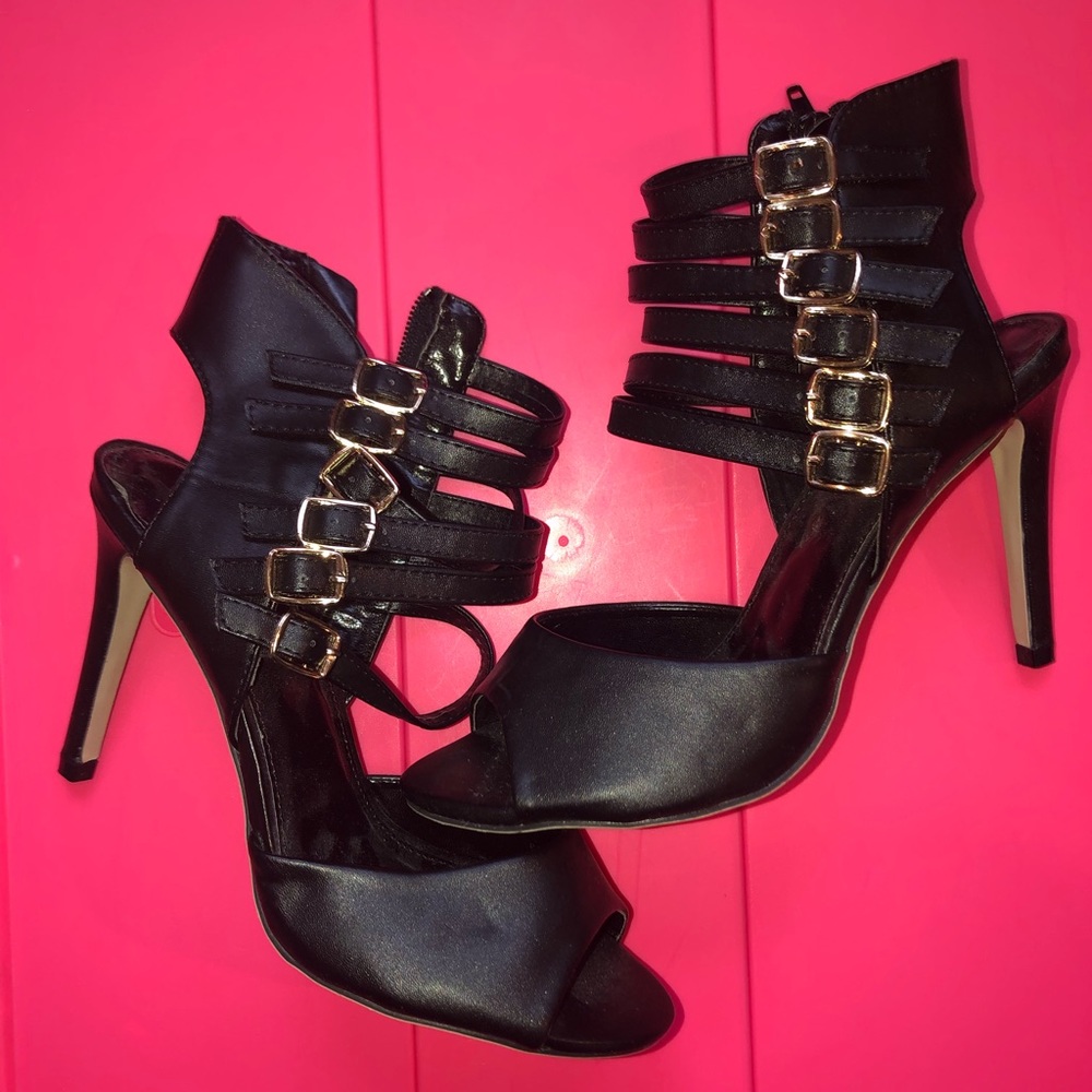 Black open toe strappy heels